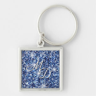 Blue Cheetah Sparkles Monogram Keychain