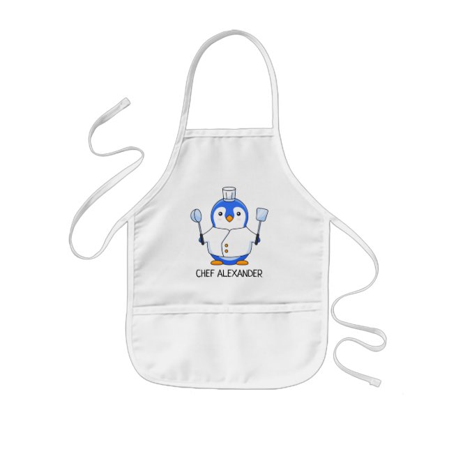 Blue Chef Penguin Personalize Kids' Apron (Front)