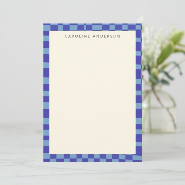 Blue Chequerboard Border Personalized Name Flat Card (Standing Front)