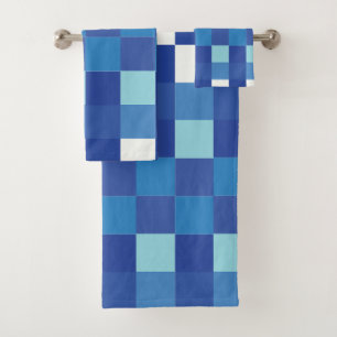 Blue Chequerboard Chequered Pattern Bath Towel Set