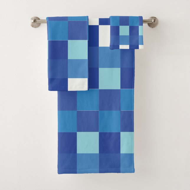 Blue Chequerboard Chequered Pattern Bath Towel Set (Insitu)