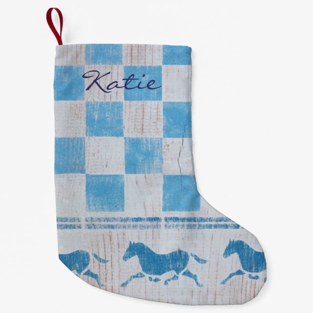 Blue chequerboard horses small christmas stocking (Front)