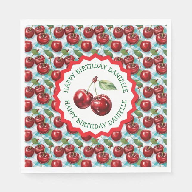 Blue Chequered Cherry Pattern Personalized Birthda Napkin (Front)