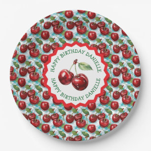 Blue Chequered Cherry Pattern Personalized Birthda Paper Plate