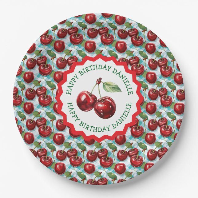 Blue Chequered Cherry Pattern Personalized Birthda Paper Plate (Front)