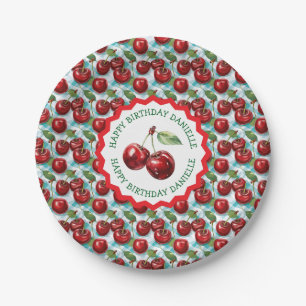 Blue Chequered Cherry Pattern Personalized Birthda Paper Plate