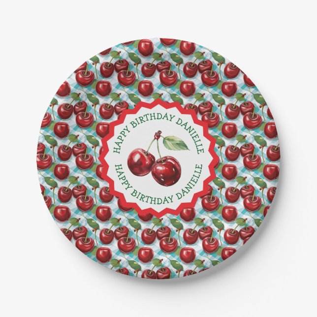 Blue Chequered Cherry Pattern Personalized Birthda Paper Plate (Front)