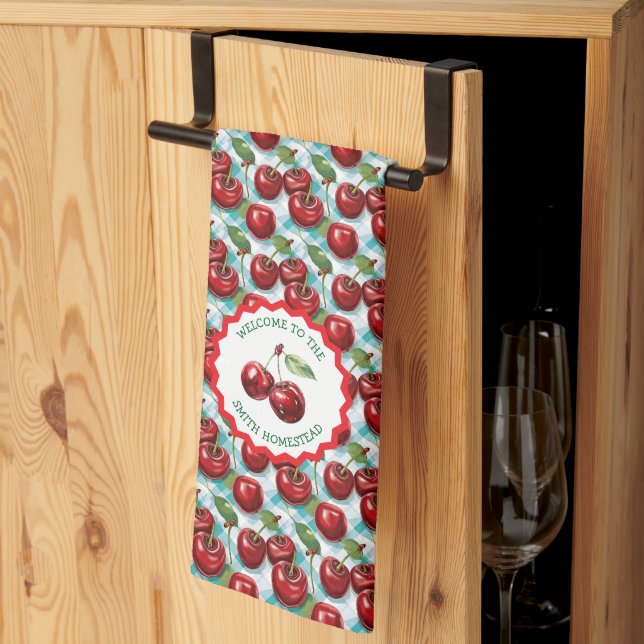 Blue Chequered Cherry Pattern Personalized  Kitchen Towel (Thirds Fold)