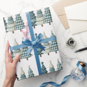 Blue Chequered Christmas Trees   Wrapping Paper