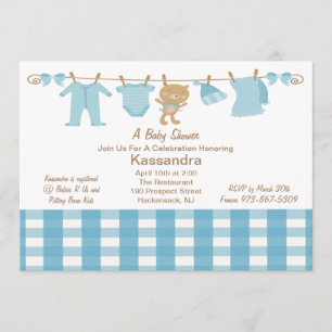 Blue Chequered Clothes Line Baby Shower Invitation