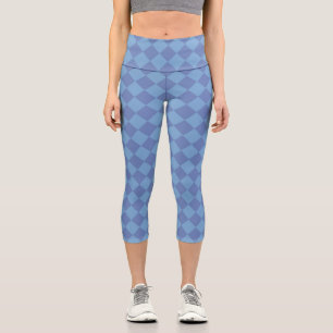 Blue Chequered Diamond Pattern Capri Leggings