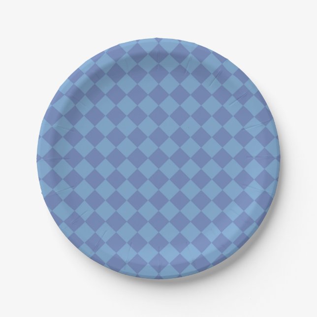 Blue Chequered Diamond Pattern Paper Plate (Front)