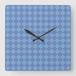 Blue Chequered Diamond Pattern Square Wall Clock