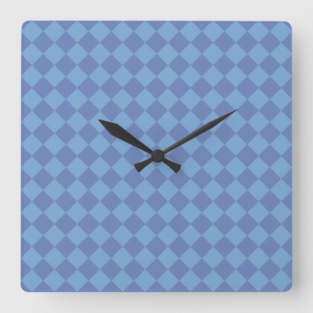 Blue Chequered Diamond Pattern Square Wall Clock (Front)