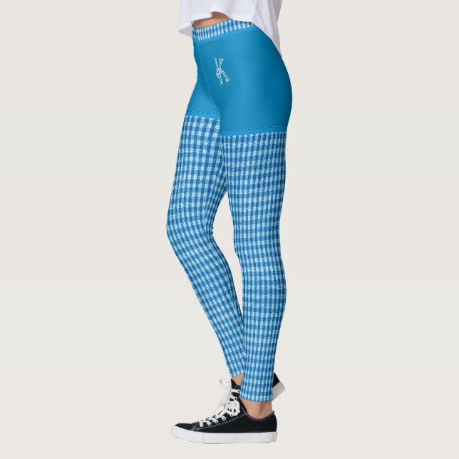 Blue Chequered Fabric Print Monogram Personalized Leggings (Left)