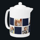Blue Chequered Family Photo Collage<br><div class="desc">Custom navy blue and white chequered photo teapot. Perfect gift for your family, grandparents, or newlyweds. More colour options available. Easily personalize our blue chequered teapot with your photos. INFO: Both portrait and landscape images will work as far as the focal point is fairly central.</div>