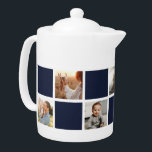 Blue Chequered Family Photo Collage<br><div class="desc">Custom navy blue and white chequered photo teapot. Perfect gift for your family,  grandparents,  or newlyweds. More colour options available. Easily personalize our blue chequered teapot with your photos. INFO: Both portrait and landscape images will work as far as the focal point is fairly central.</div>