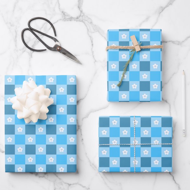 Blue Chequered Floral Wrapping Paper Sheet (Front)