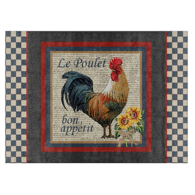 Blue Chequered French Country Rooster Cutting Board (Front)