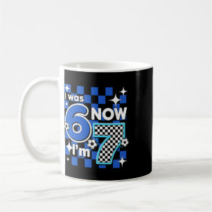 Blue Chequered I Was 6 Now I'm 7 Birthday Soccer B Coffee Mug