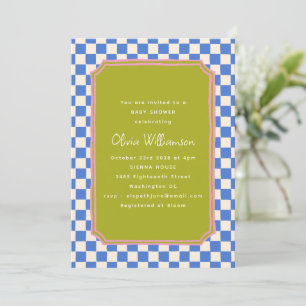 Blue Chequered Olive Green Pink Baby Shower Invitation