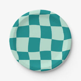 Blue Chequered Pattern Groovy Retro Paper Plate