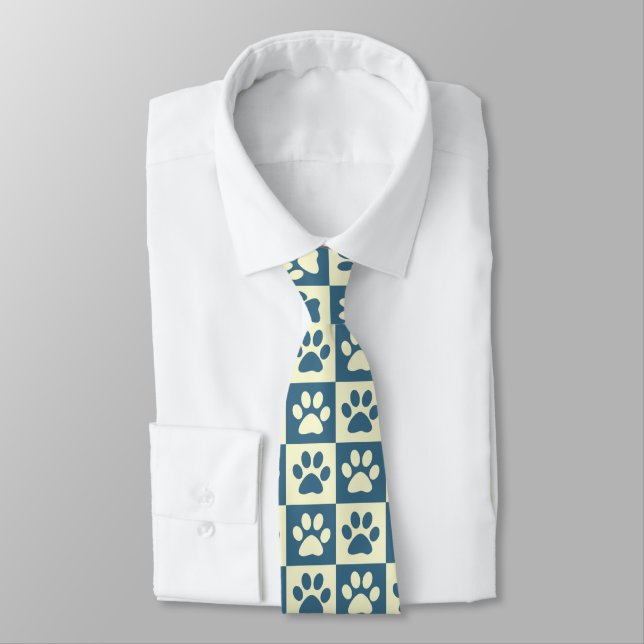 Blue Chequered Paw Pattern Tie (Tied)