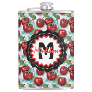 Blue Chequered Plaid Cherry Pattern Personalized Hip Flask