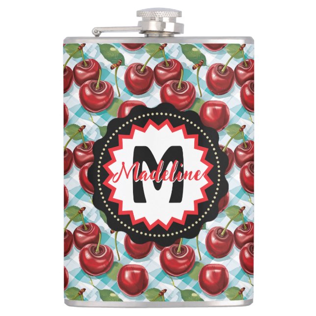 Blue Chequered Plaid Cherry Pattern Personalized Hip Flask (Front)