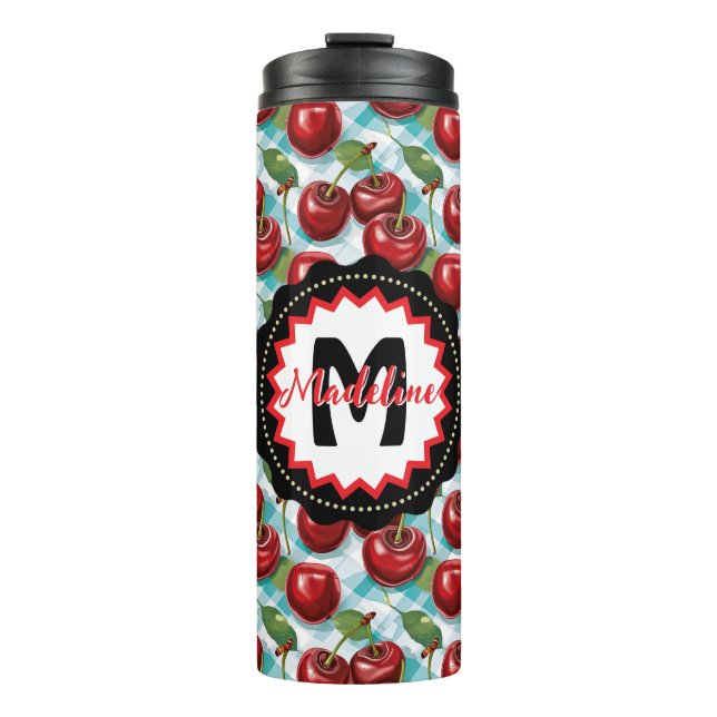 Blue Chequered Plaid Cherry Pattern Personalized Thermal Tumbler (Front)