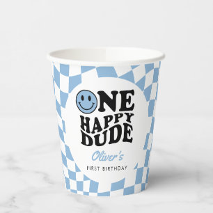 Blue Chequered Smile One Happy Dude 1st Birthday Paper Cups