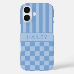 Blue Chequered Striped Personalized iPhone 16 Case