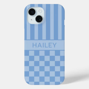 Blue Chequered Striped Personalized iPhone 15 Case
