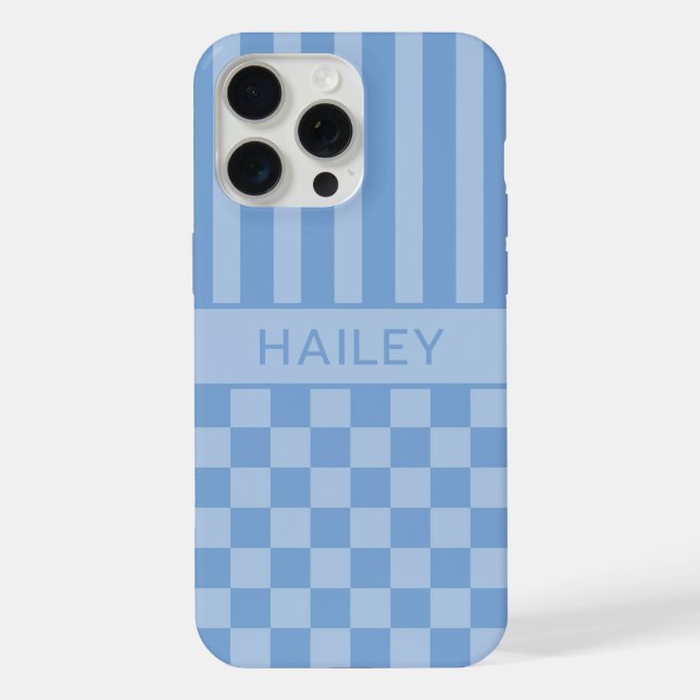 Blue Chequered Striped Personalized iPhone Case (Back)