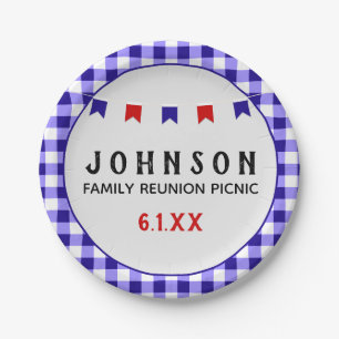 Blue Chequered Tablecloth Summer Picnic Reunion Paper Plate