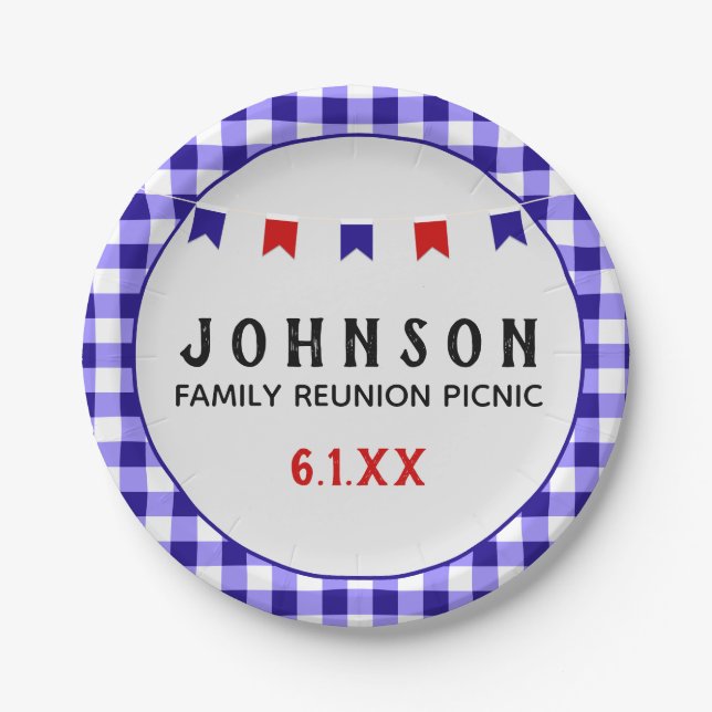 Blue Chequered Tablecloth Summer Picnic Reunion Paper Plate (Front)
