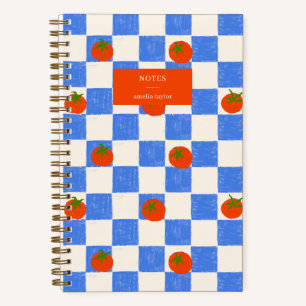 Blue Chequered Tomato Pattern Personalized Name Notebook