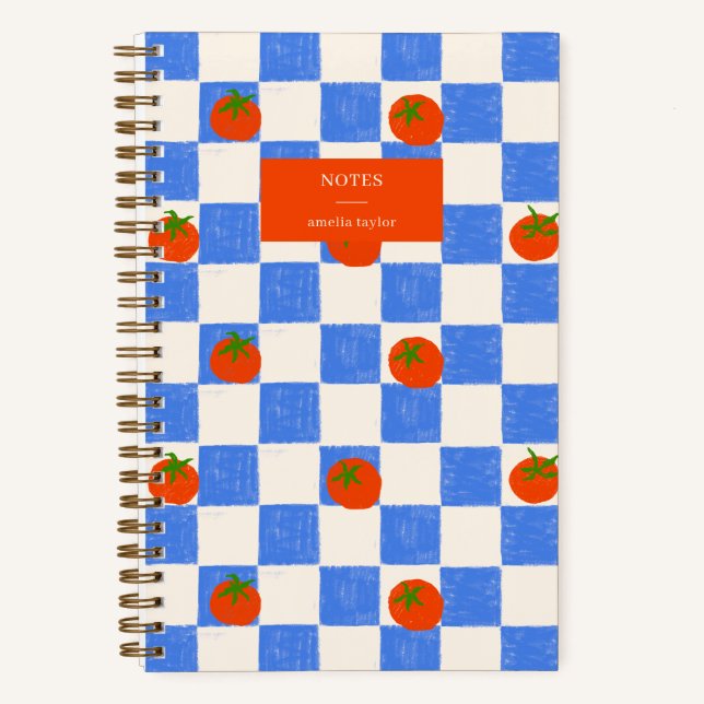 Blue Chequered Tomato Pattern Personalized Name Notebook (Front)