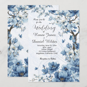 Blue Cherry Blossom Asian Wedding Invitation