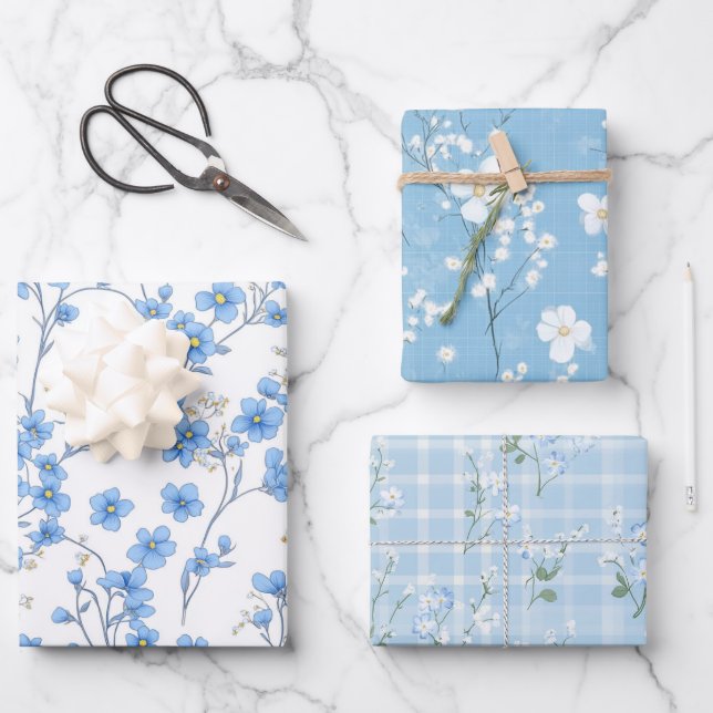 Blue Cherry Blossom Floral Wrapping Paper (Front)