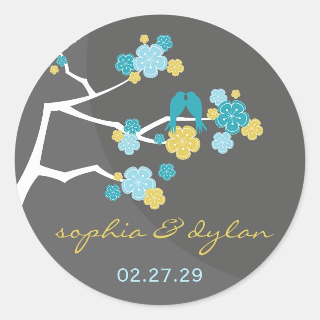 Blue Cherry Blossoms Love Birds Wedding Stickers (Front)