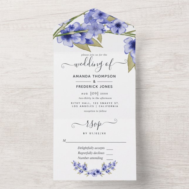 Blue Cherry Blossoms Wedding All In One Invitation (Inside)