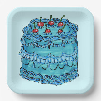 Blue Cherry Cake Paper Plate