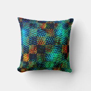 Blue chess, greenish scratch, red fake dirty stain throw pillow