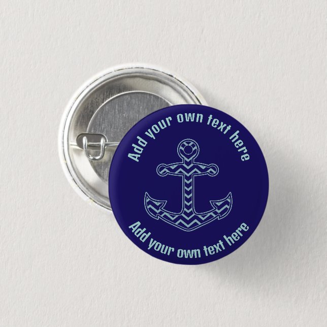 Blue Chevron Anchor Nautical Custom Text 1 Inch Round Button (Front & Back)