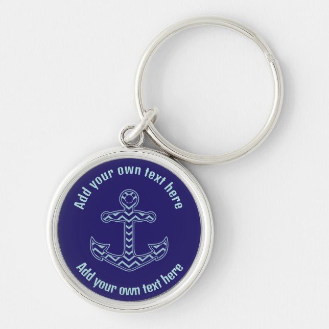 Blue Chevron Anchor Nautical Custom Text Keychain (Front)