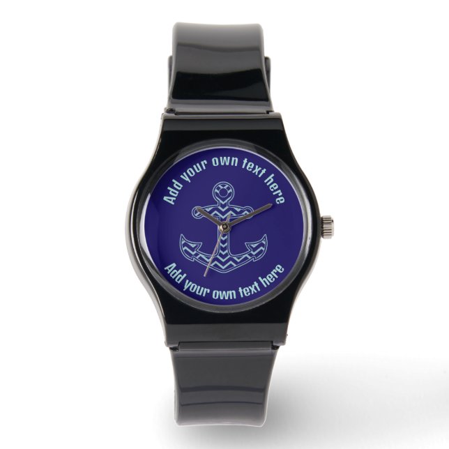 Blue Chevron Anchor Nautical Custom Text Watch (Front)
