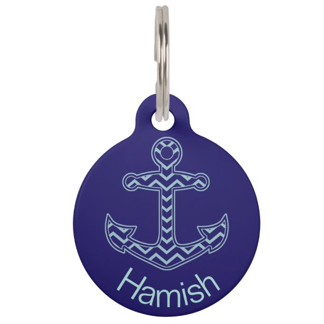 Blue Chevron Anchor Nautical Personalised Pet Tag (Front)