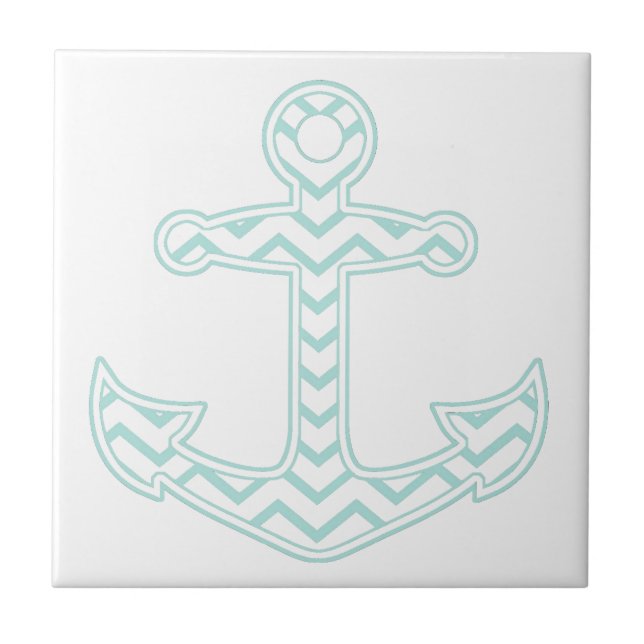 Blue Chevron Anchor Nautical White Tile (Front)