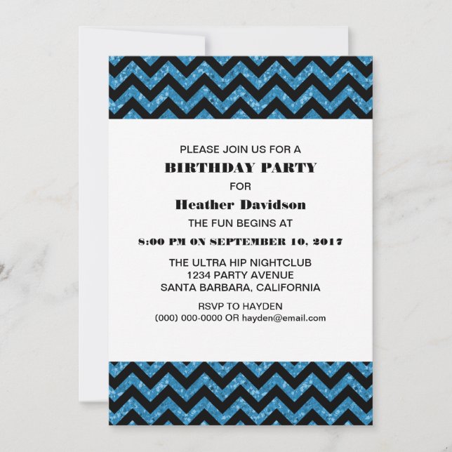 Blue Chevron Glitter Birthday Party Invite (Front)